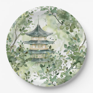 Prato De Papel Pagoda Asiática de Aquarela na Paisagem Verdante (
