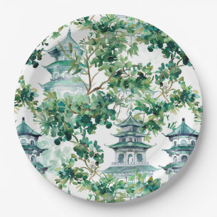 Prato De Papel Pagoda Asiática de Aquarela na Paisagem Verdante (