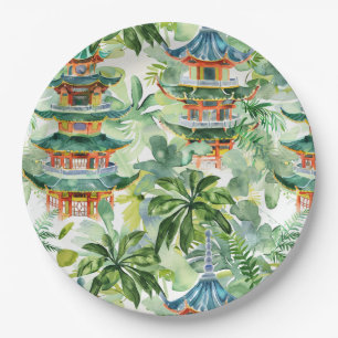 Prato De Papel Pagoda Asiática de Aquarela na Paisagem Verdante (