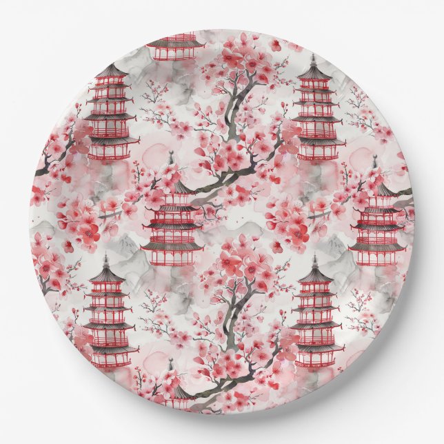 Prato De Papel Pagoda Chinesa Aquarela com Blossomas de Cereja (9 (Frente)