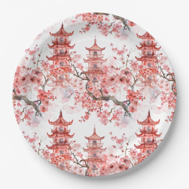 Prato De Papel Pagoda Chinesa Aquarela com Flores de Cereja (3) (Frente)