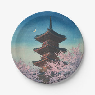 Prato De Papel Pagode de uma Primavera Japonesa Antiga em Xilogra