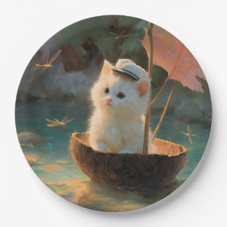 Prato De Papel Painting of Fluffy White Kitten Sailing in Coconut