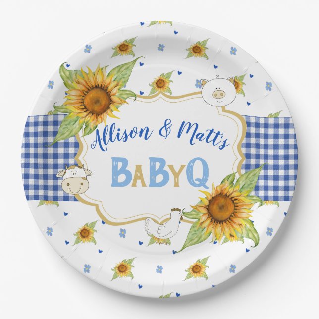 Prato De Papel País Girassol Azul Gingham Baby Q Barbeque (Frente)