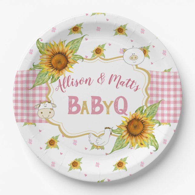 Prato De Papel País Girassol Rosa Gingham Baby Q Barbeque (Frente)