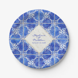 Prato De Papel País rústico da aguarela branca azul do casament