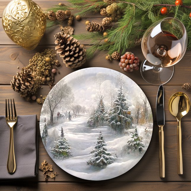 Prato De Papel Paisagem da Floresta de Inverno de Feliz Natal (Beautiful Winter scene Christmas Paper Plates)