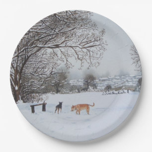 Prato De Papel Paisagem da neve do inverno com árvores cães