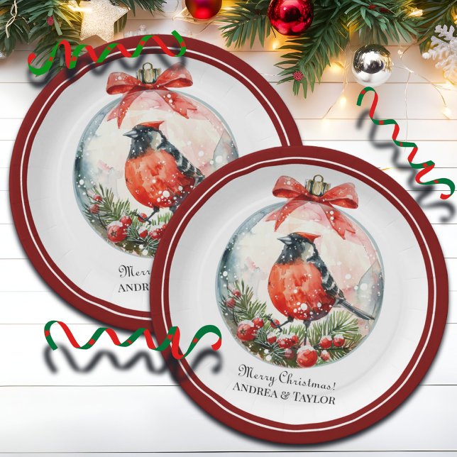 Prato De Papel Paisagem de inverno com pássaro vermelho (Criador carregado)