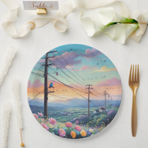 Prato De Papel Paisagem De Pastel Com Pássaro Azul Na Cabeça