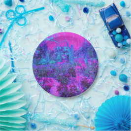 Prato De Papel Paisagem Impressionista Azul e Rosa Quente Trippy