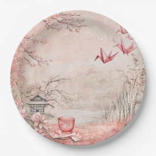 Prato De Papel Paisagem Serena de Flor de Cerejeira Rosa (1)
