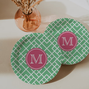 Prato De Papel Palm Beach Green e Pink Geométrico Bamboo Monogram