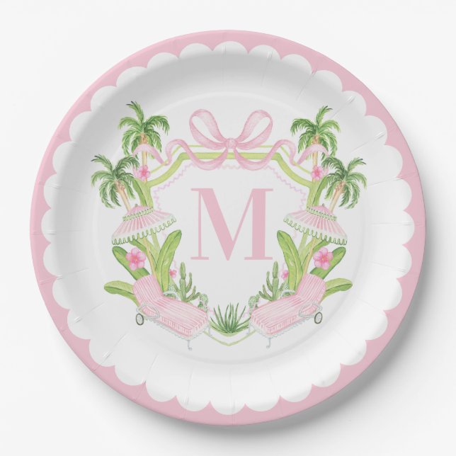 Prato De Papel Palm Beach Pink Loungers Monogram Crest (Frente)
