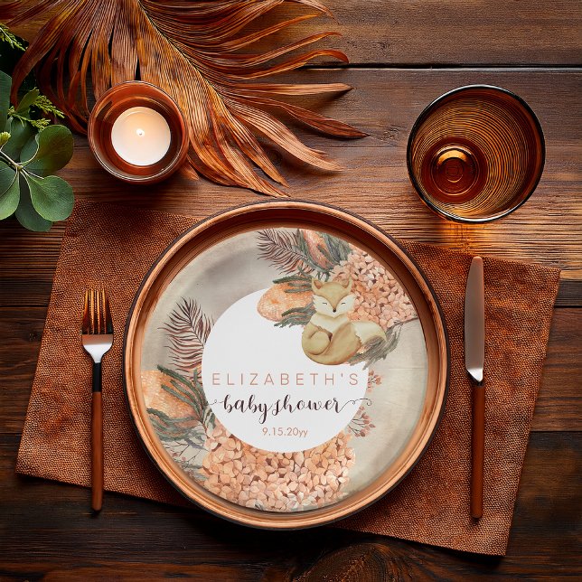 Prato De Papel Palm Deixa Hydrangea Blooms Fox Girl Chá de fralda (Boho Palm Leaves and Hydrangeas Sleeping Fox Girl Baby Shower Paper Plates)