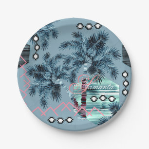 Prato De Papel Palm Havaiano azul preto monograma personalizado