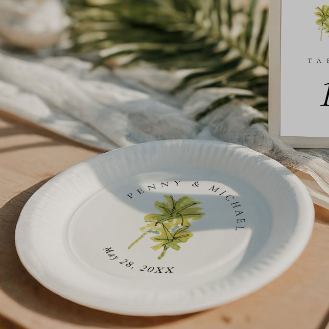 Prato De Papel Palm Trees de Praia Mínimo Tropical (Tropical beach watercolor palm trees chic wedding paper plates.)