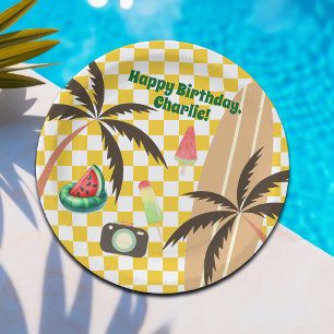 Prato De Papel Palm Tres Surfboard Checkered Summer Party