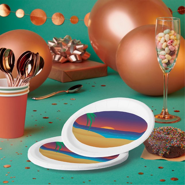 Prato De Papel Palma de praia solar tropical deixa ondas oceânica (Criador carregado)