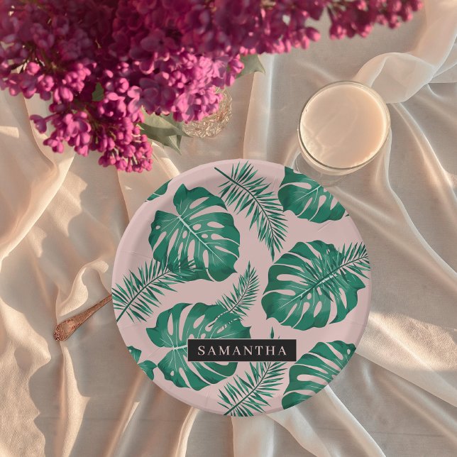 Prato De Papel Palma rosa tropical e verde deixa padrão e nome (Criador carregado)