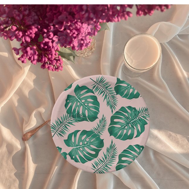 Prato De Papel Palma Rosa Tropical e Verde deixa um padrão perfei (Criador carregado)