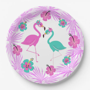 Prato De Papel Palmas de turquesa rosa tropical Flamingo 9"