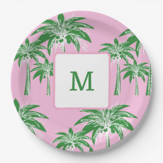 Prato De Papel Palmeira verde rosa, preppy Summer Summer Monogram