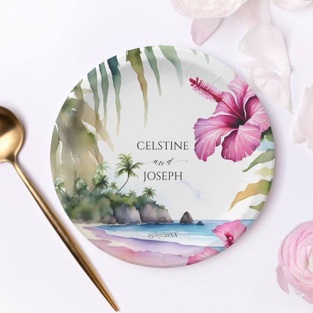 Prato De Papel Palmeiras tropicais de praia hibiscus modelo de ca (Tropical beach palms hibiscus wedding template plates beach wedding tableware personalized plates)