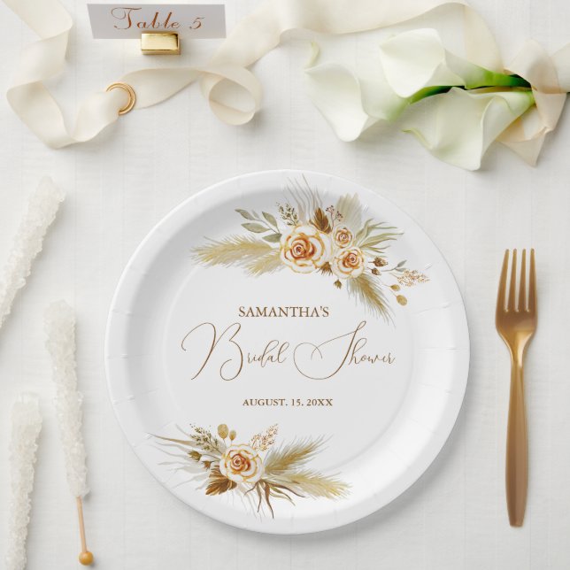 Prato De Papel Pampas gramínea aquarela boho elegante Chá de pane (Casamento)
