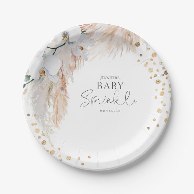 Prato De Papel Pampas Grass White Floral Baby Sprinkle (Frente)