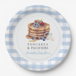 Prato De Papel Pancakes & Pacifiers Blue Gingham Boy Baby Shower