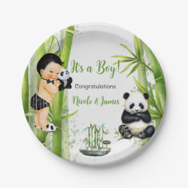Prato De Papel Panda Bamboo Tema Bebê Menino Negro Branco Verde