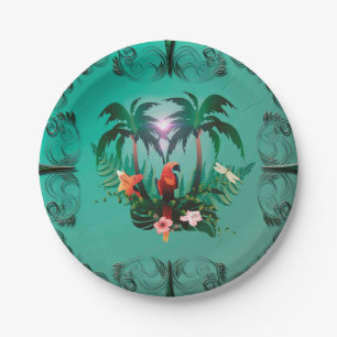 Prato De Papel Papagaio bonito com flores e palma