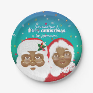 Prato De Papel Papai Noel afro-americano e Sra. Claus
