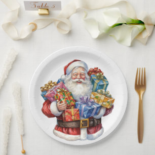 Prato De Papel Papai Noel alegre no traje vermelho tradicional