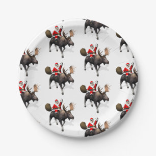 Prato De Papel Papai Noel Andando Em Moose
