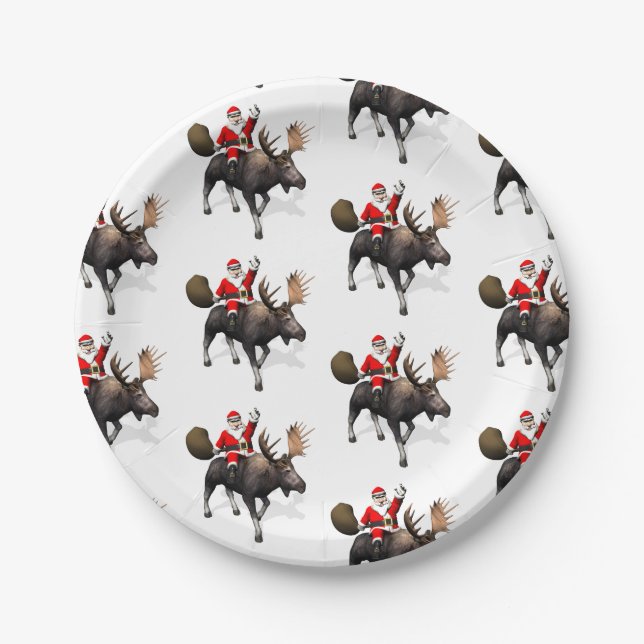 Prato De Papel Papai Noel Andando Em Moose (Frente)