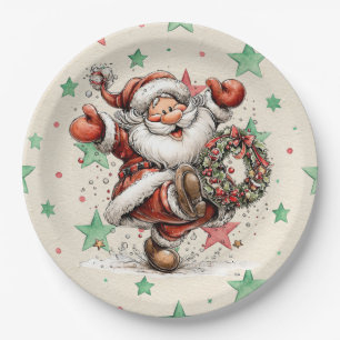 Prato De Papel Papai Noel chutando uma grinalda de Natal