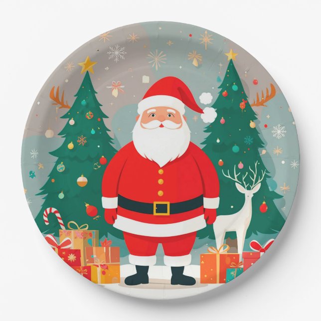 Prato De Papel Papai Noel com Árvore de Natal e Presentes (Frente)
