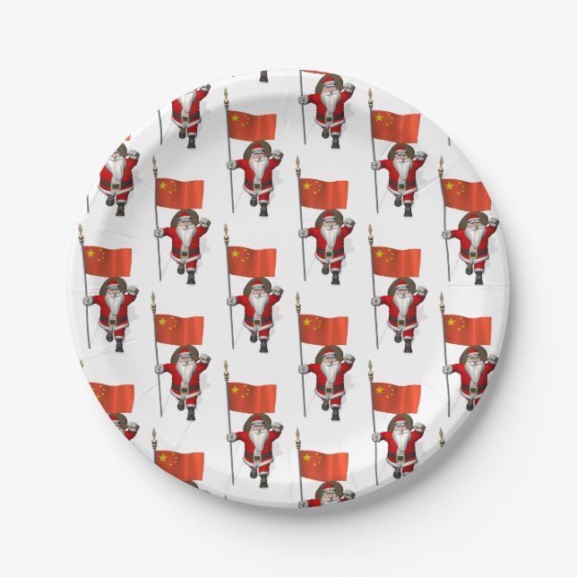 Prato De Papel Papai Noel Com Bandeira Da China (Frente)