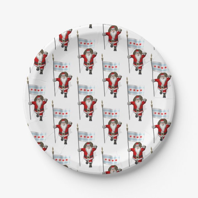 Prato De Papel Papai Noel Com Bandeira De Chicago (Frente)