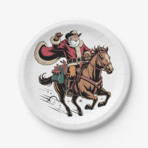 Prato De Papel Papai Noel Cowboy Montado a Cavalo Natal 