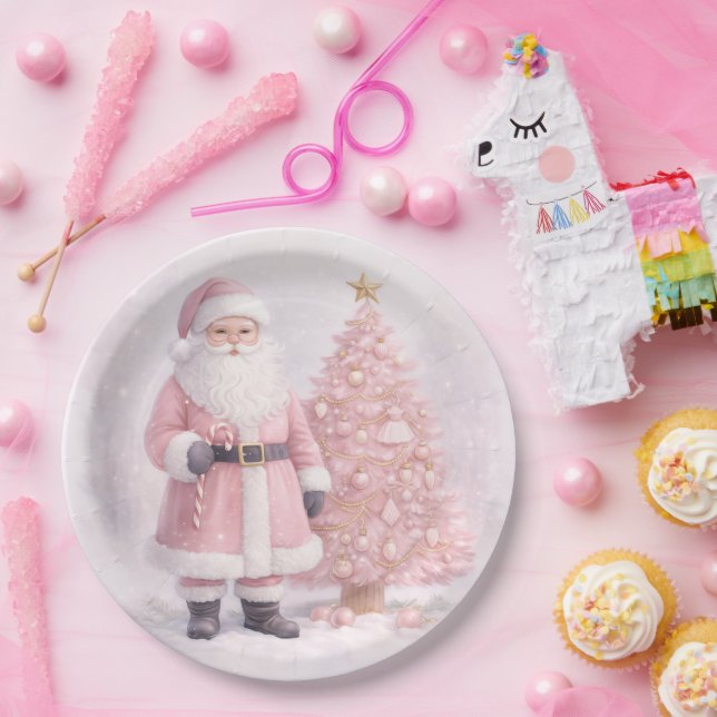 Prato De Papel Papai Noel de Natal Rosa Pastel (Festa)