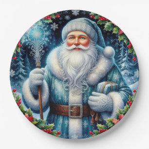 Prato De Papel Papai Noel de Roupa Azul com Decorações de Inverno