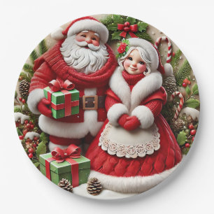 Prato De Papel Papai Noel e Mamãe Noel 