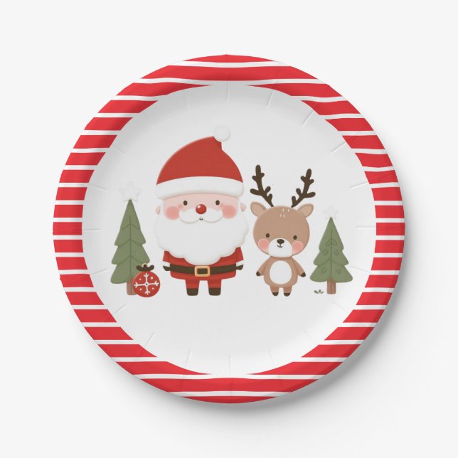 Prato De Papel Papai Noel e Rena de Natal Fofo (Frente)