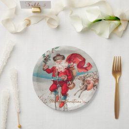 Prato De Papel Papai Noel em um penny farthing com renas