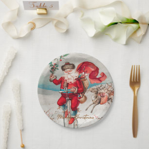 Prato De Papel Papai Noel em um penny farthing com renas
