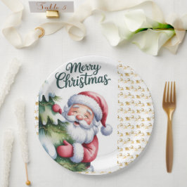 Prato De Papel Papai Noel Engraçado e Fofo com Árvore e Tipografi
