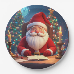 Prato De Papel Papai Noel Lendo um Livro à Luz de Velas